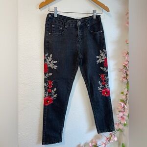 Christina Black Jeans with Red Floral Embroidery